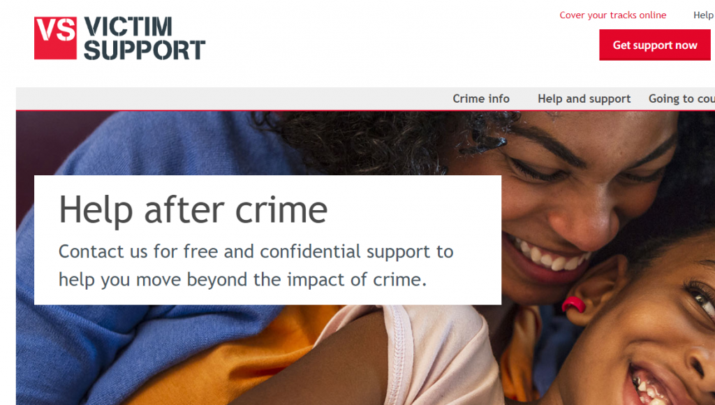 Screenshot of victim support website